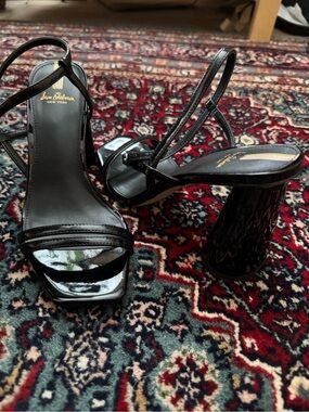 Sam Edelman Black Patent Leather Strappy Block Heel Sandals, ‘Kit’, Size 7.5